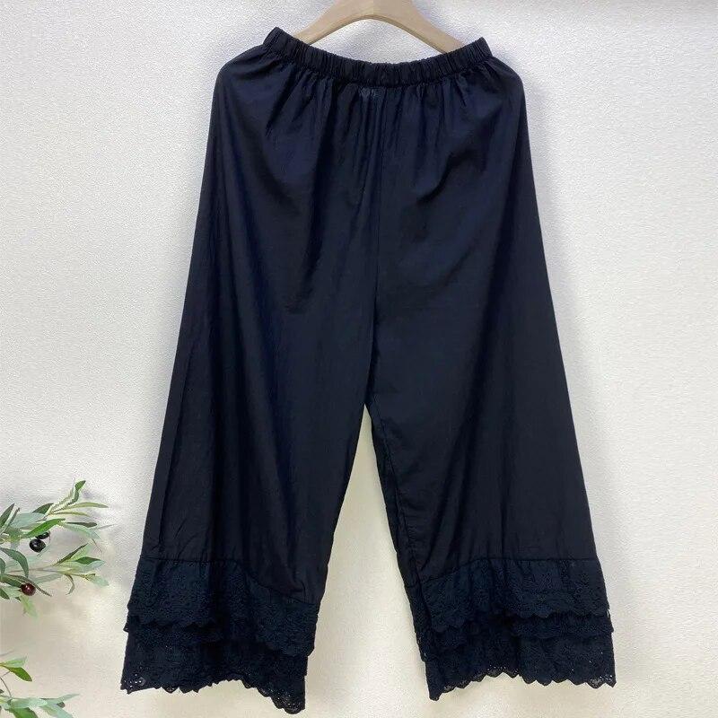 

Johnature летние японские многослойные кружевные милые женские брюки повседневные хлопковые широкие брюки длиной до щиколотки с эластичной талией One Size чёрный