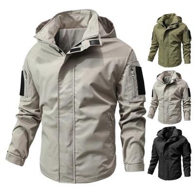 Men Casual Jacket Hooded Long Sleeve Windproof Jacket Multiple Pockets Full Zipper Closure