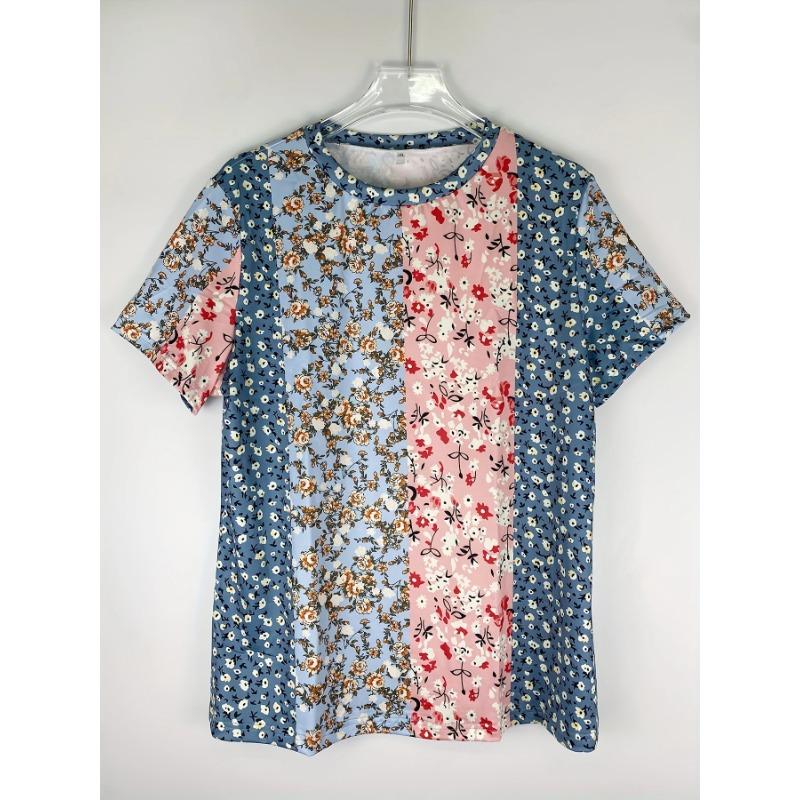 Summer Round Neck 3D Ditsy Floral Print T-shirts Bohemian style Fashionable Casual Short Sleeved Women's T-shirts