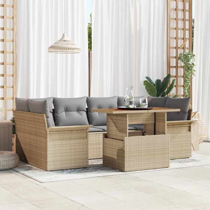 VidaXL Ensemble de canapé de jardin de 7 pièces avec coussins beige poly rattan acacia 3349286