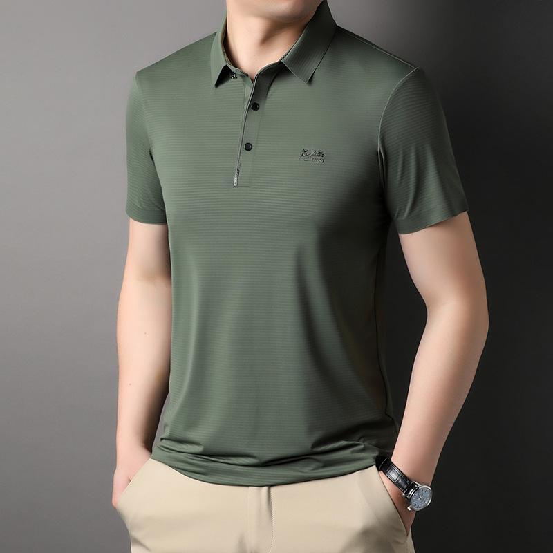Summer Seamless Ice Silk Lapel Short-sleeved T-shirt Men's Business Casual Printed Stretch Polo Shirt Men's Clothing