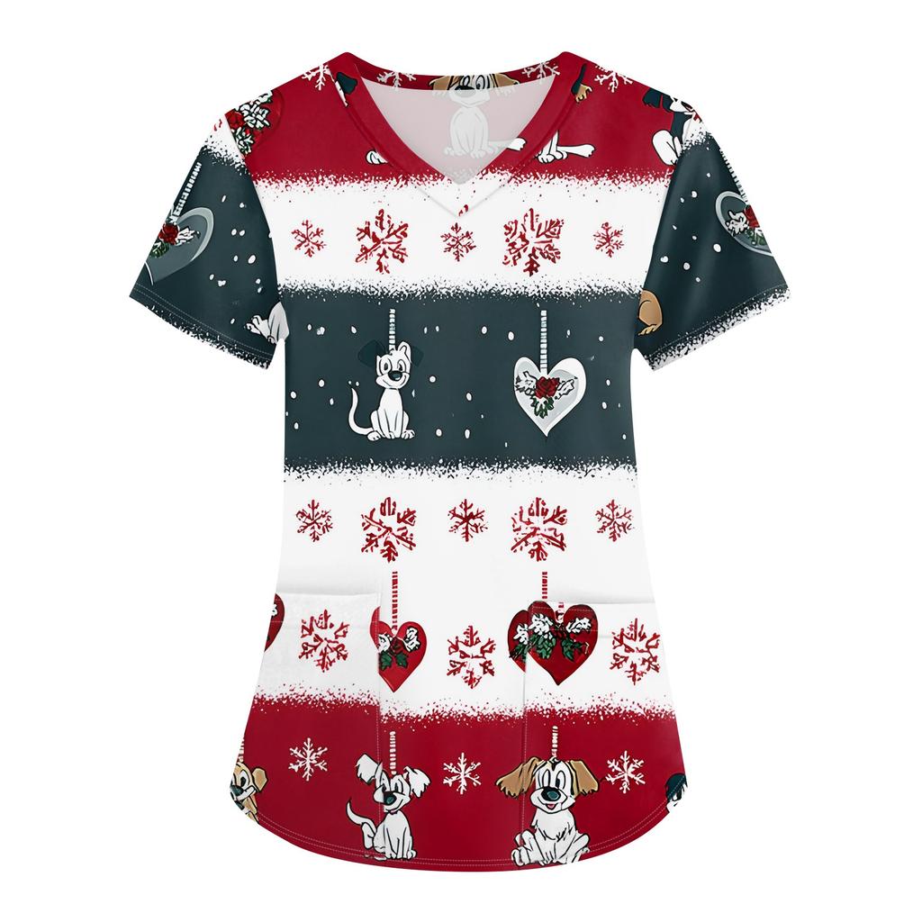 Dámské módní pracovní oděvy s krátkým rukávem a výstřihem do V s kapsami Vánoční topy s potiskem