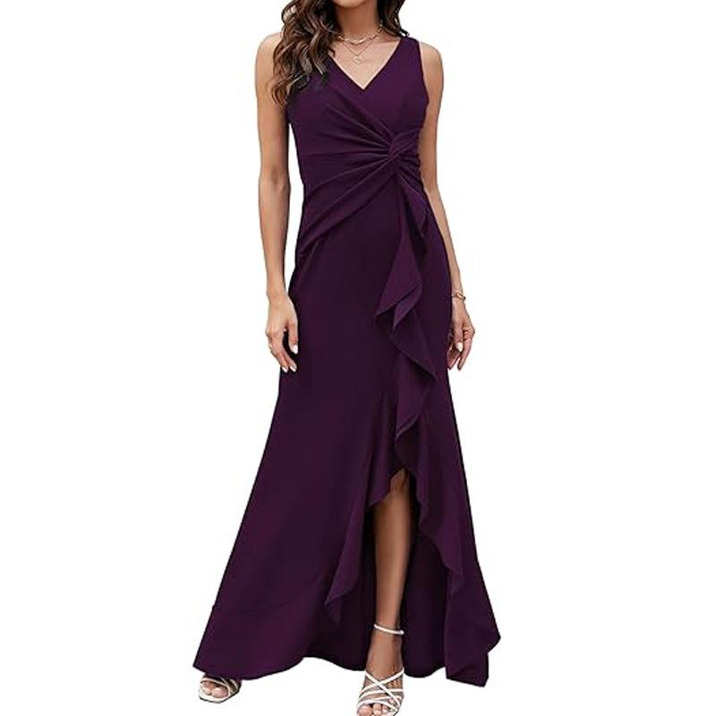 Sexy Slit Ruffled Sleeveless Evening Women's Dresses Fashionable V Neck Slim Pleated Elegant Female Maxi Long Dress