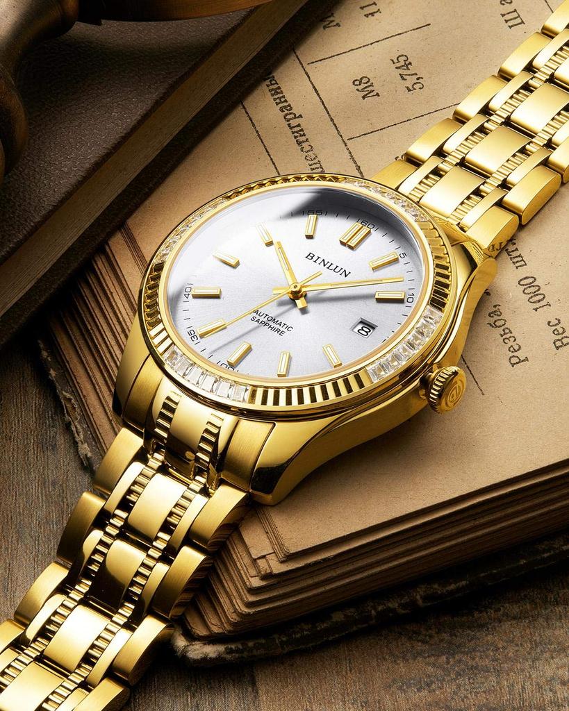 BINLUN Men's Gold Mechanical Automatic Watch with Water Resistance, Stylish Casual Business Watch with Stainless Steel Finish, Date Display, Perfect