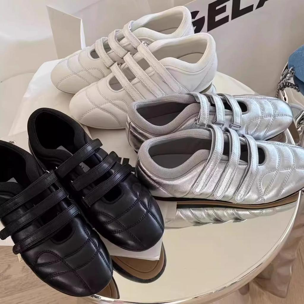 Silver single shoes women's 2025 new sports style Mary Jane white flat sheepskin Velcro bowling ballet shoes