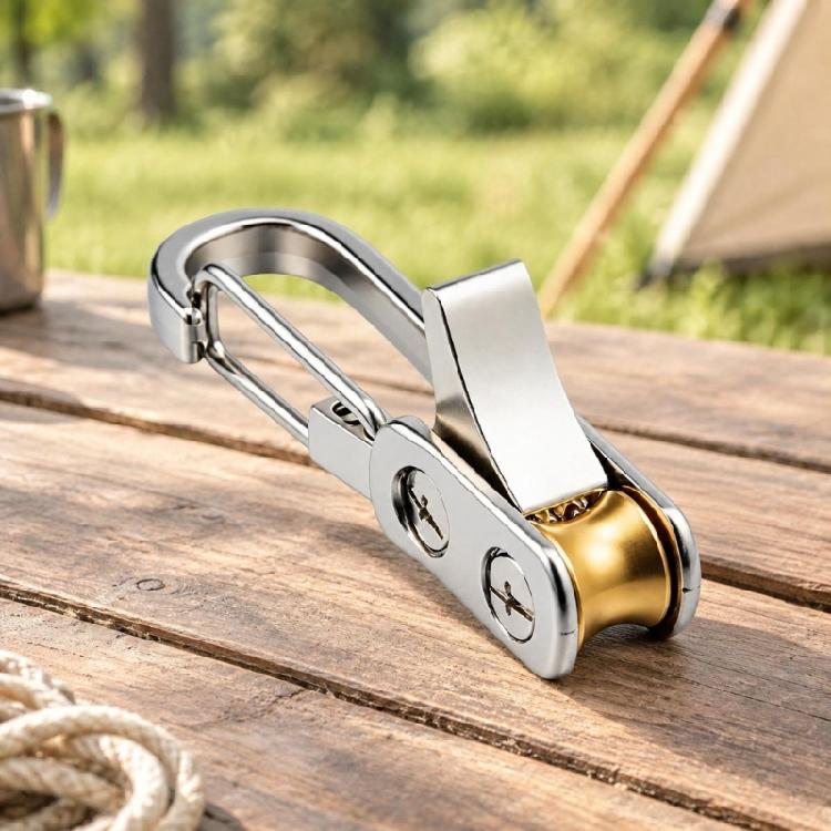 Outdoor Rope Manager Roller Tightening Tool for Hiking and Picnics, with Spring-Gate Clip and Grooved Guide Wheel for Securing and Managing Cord