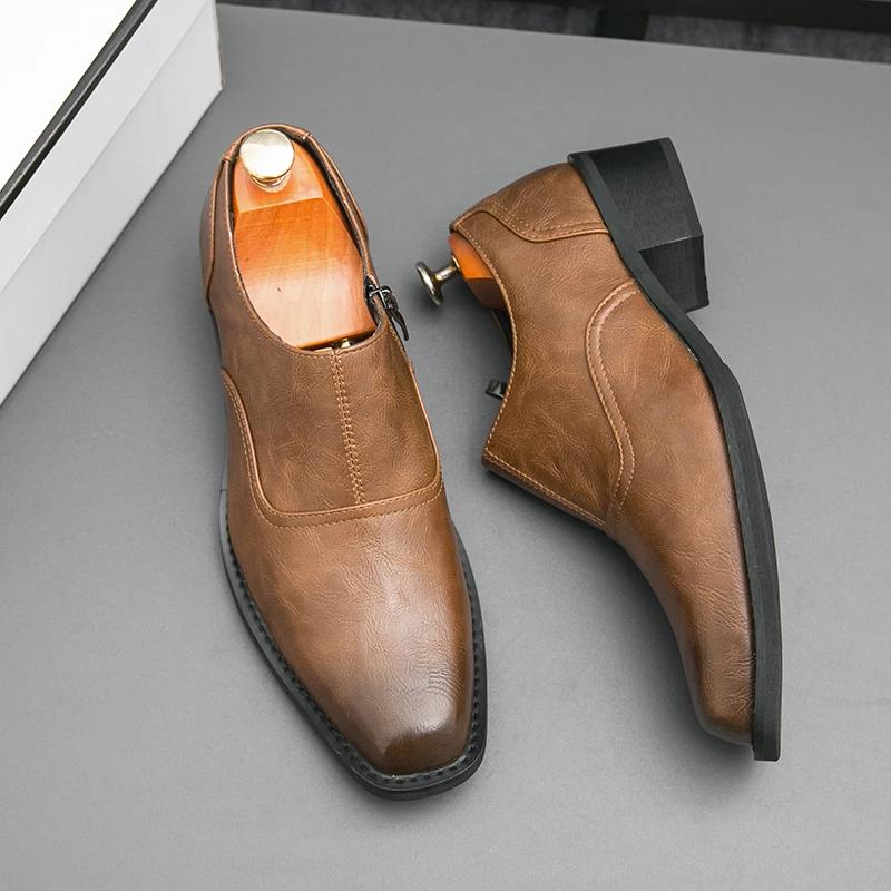 Men Platform Zip High Heel Leather Shoes Comfortable Height Increase Formal Dress Office Dance Shoes Men Wedding Groom Shoes
