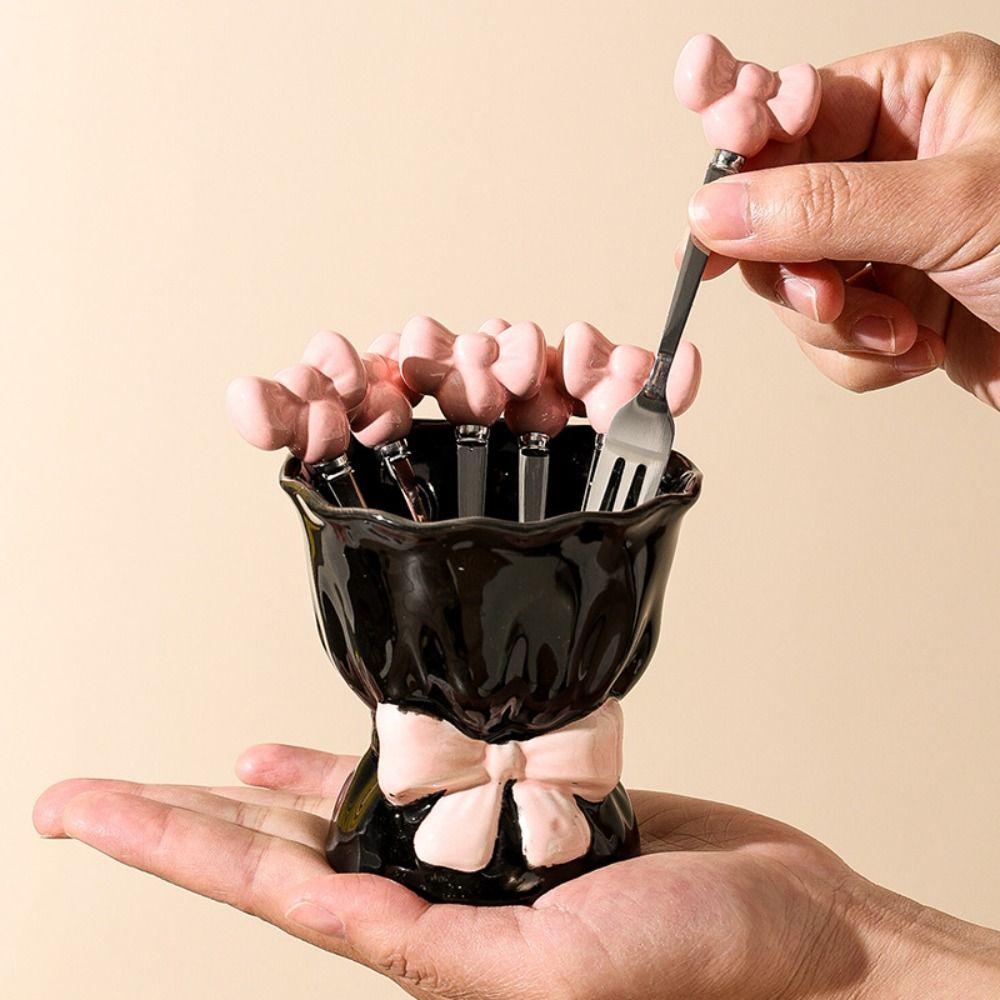 Bowknot Ceramic Fruit Forks Set Ins Style Creative Ceramic Fruit Forks Receipt Jar Solid Color Decorative Stainless Steel Fork