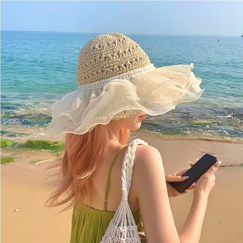 Temperament Lace, Large Brim, Showcasing Face, Small Straw Hat, Female Summer Vacation Beach Sun Protection Hat