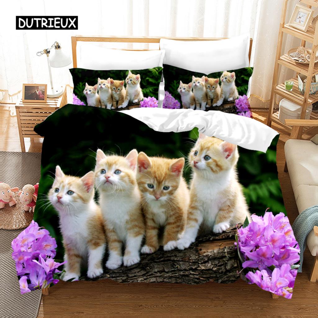 Duvet Cover 3D Cute Cat Dog Print Bedding Set Cute Duvet Cover Wild Animal Tribal Bed Cover Women Girls Kid Bedroom Decoration