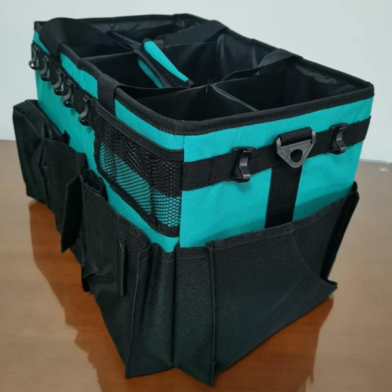 Wide Opening Cleaning Organizer Bag for Room To Room Supply Storage, Shape Holding Side Walls, Pocket Sections and Shoulder Belt Carry