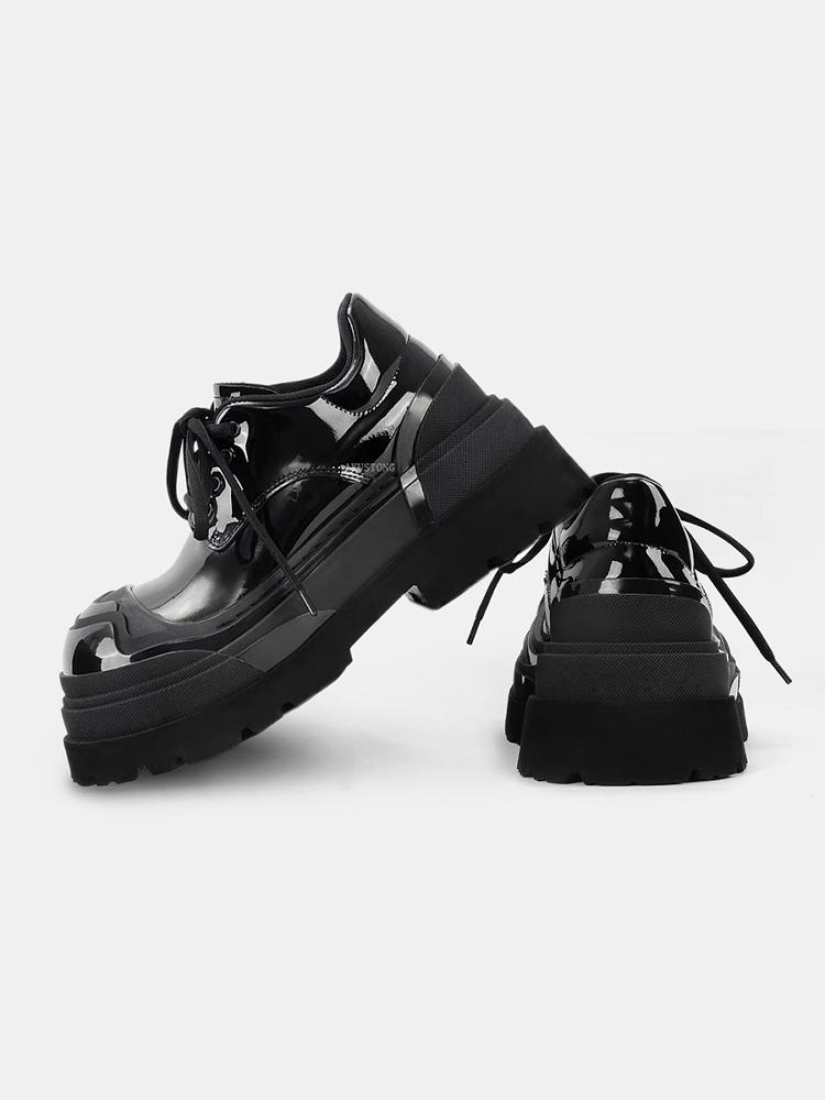 Fashion Black Patent Leather Metal Decoration Women Shoes Punk roundToe Shallow Ladies Shoes Thick Bottom Hand-made Chaussures Femme