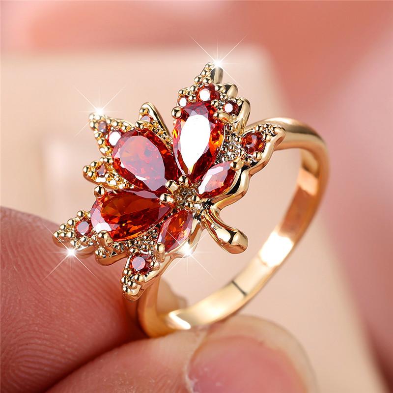 Cute Female Red Zircon Stone Ring Trendy Yellow Gold Color Maple Engagement Bride Wedding Jewelry Gift For Women