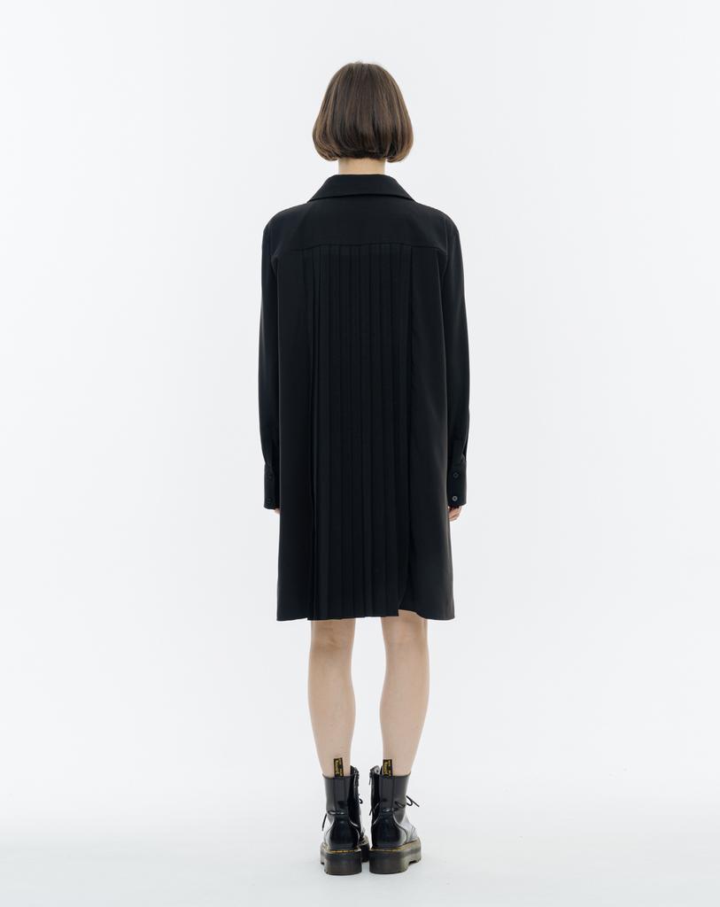 ISH Classic V-Neck Back Pleated Shirt Dress (Black)