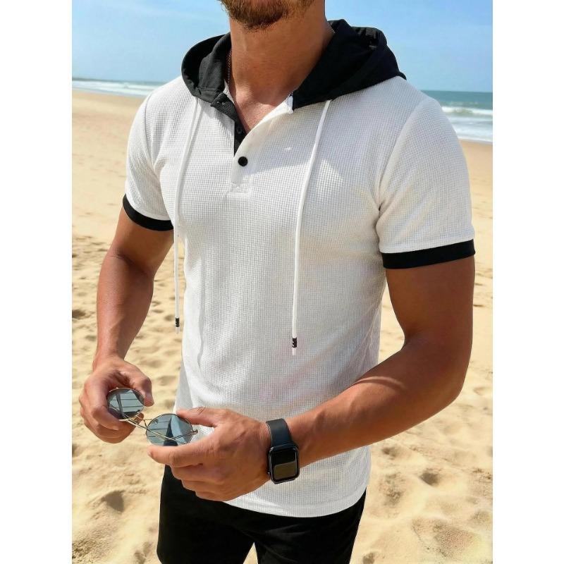 Mens White Waffle Knit Henley Hooded Short Sleeve T-Shirt S белый