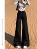Women's High Waist Black Flared Jeans with Velvet, Wide-Leg, Floor-Length, Perfect for Spring and Autumn