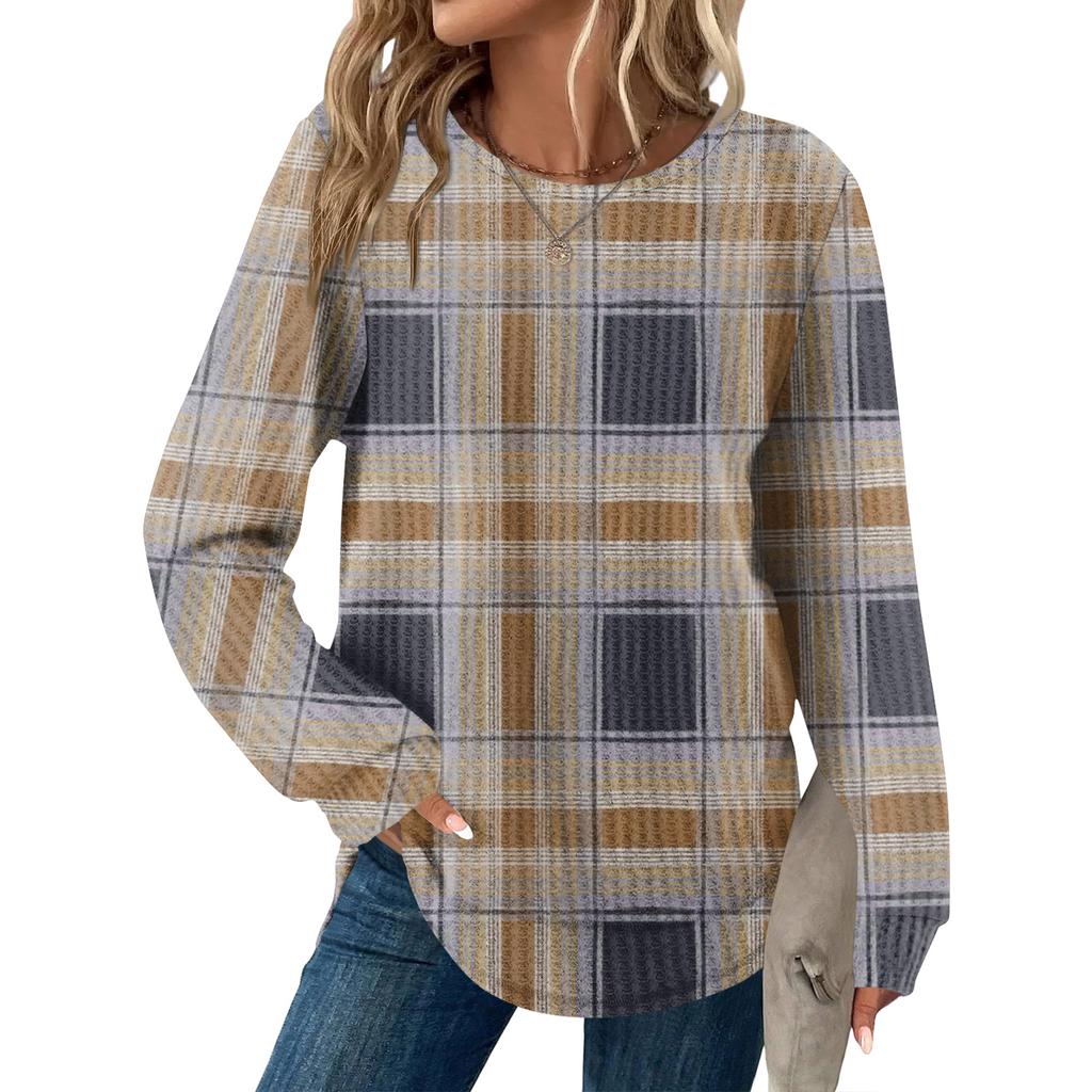 Damrutig tryck rund hals långärmad ledig lös topp