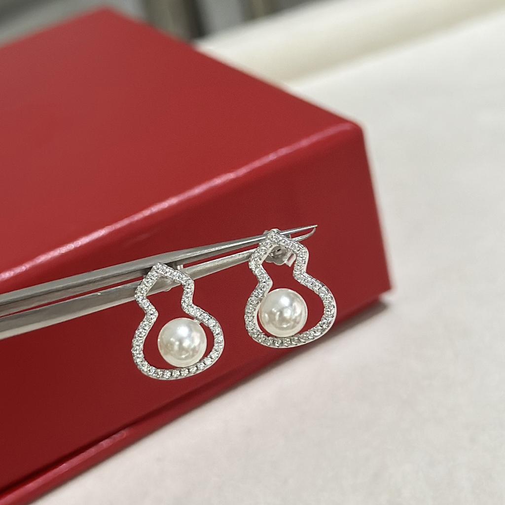High End Jewelry Gourd Pearl Hollow Earrings Silver Needle Earnail Sub Gold Material Thick Gold Electroplating