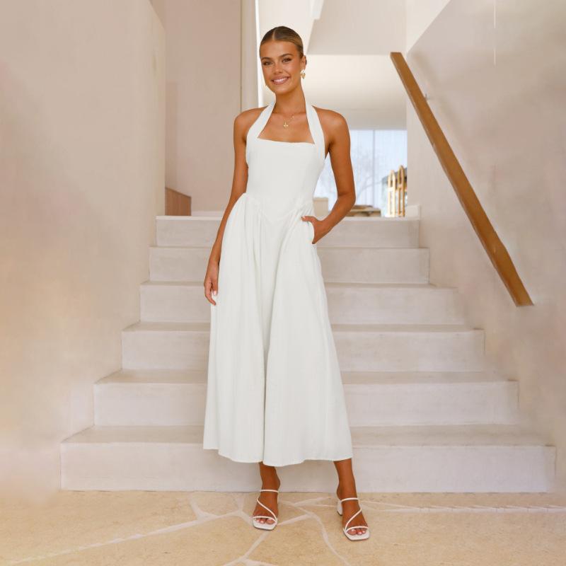 Women's Summer Halter Square Neck Sleeveless Backless Maxi Dress Solid Color Elegant Evening Party Casual Long Dress for Women