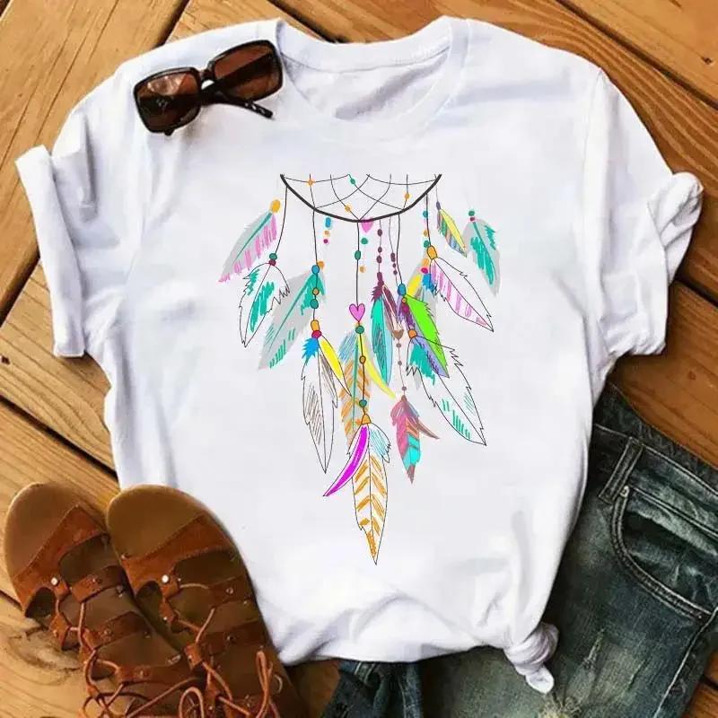 Print T Shirt Fashion Crew Neck Short Sleeve  T Shirt  Fashion Dream Catcher T Shirt Women Harajuku Graphic