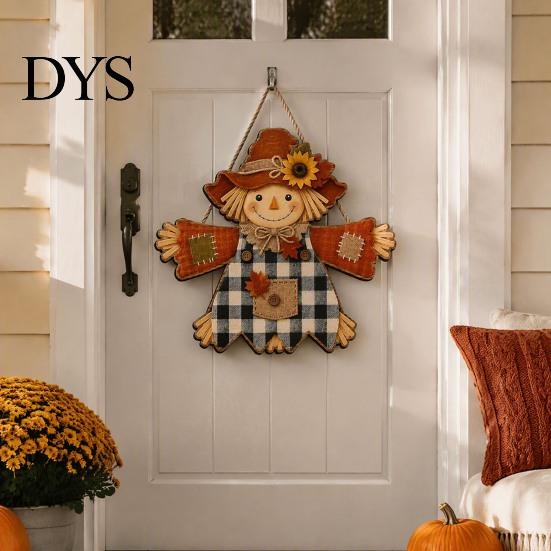 Sunflower Plaid Door Hanger Fall Wooden Hanging Sign, Autumn Scarecrow & Pumpkin Maple Leaf Decorative Wall Art for Home Hanger, Harvest Thanksgiving
