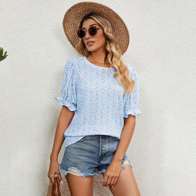Baumwolle Shirt Kurzarm Kleidung Sommer 2023 Floral Print Tops Frauen Bluse Casua Lose Rundhals Pullover Blusas 24742
