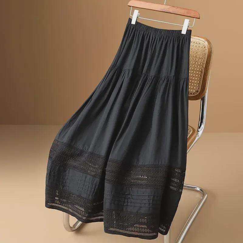 Autumn 2025 Women's High-Waist A-Line Skirt, French Style with Lace Trim