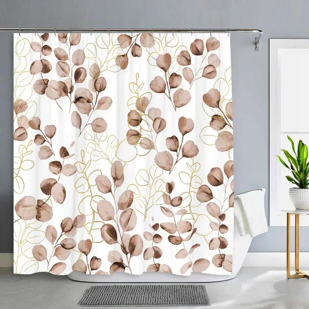 Green Plants Eucalyptus Leaves Shower Curtain Natural Watercolour Leaves Tropical Botanical Patterns Bath Curtain Bathroom Decor
