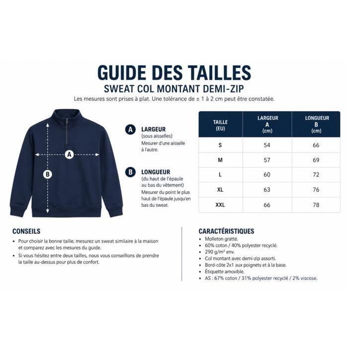Sweat Homme Col Montant Demi-Zip – Molleton 290 g/m² - Bleu