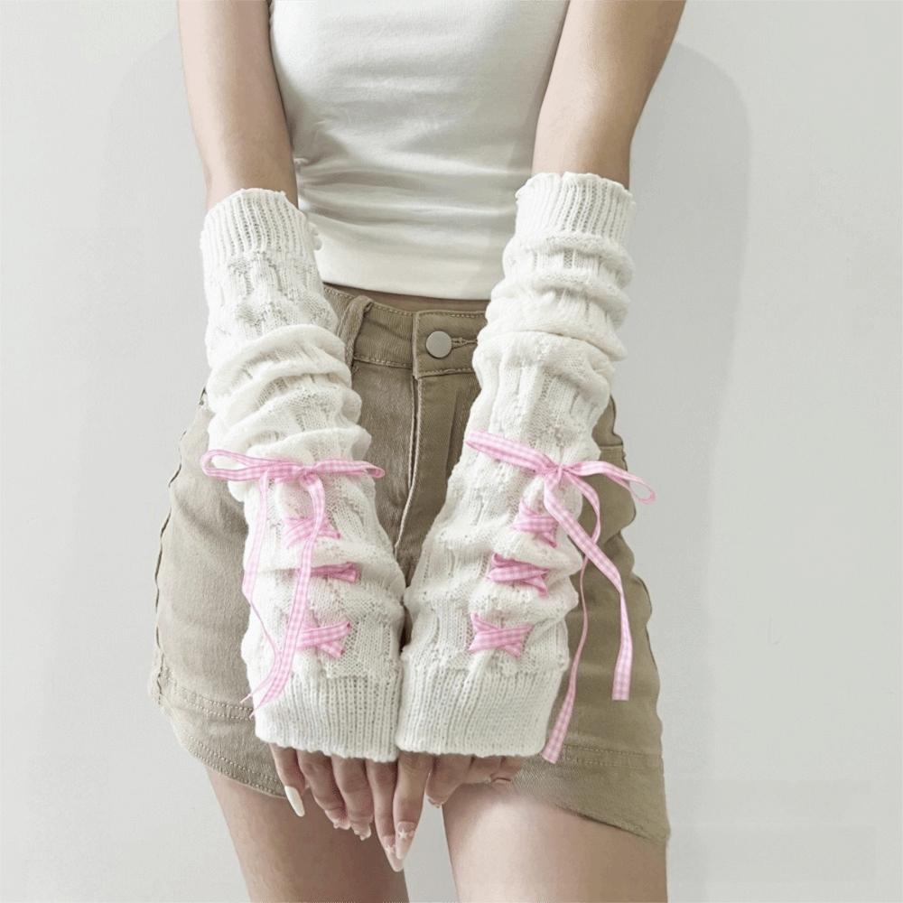 New Long Arm Warmer Gloves Knitted Cold Proof Warm Arm Sleeve with Ribbon Fingerless Gloves Women