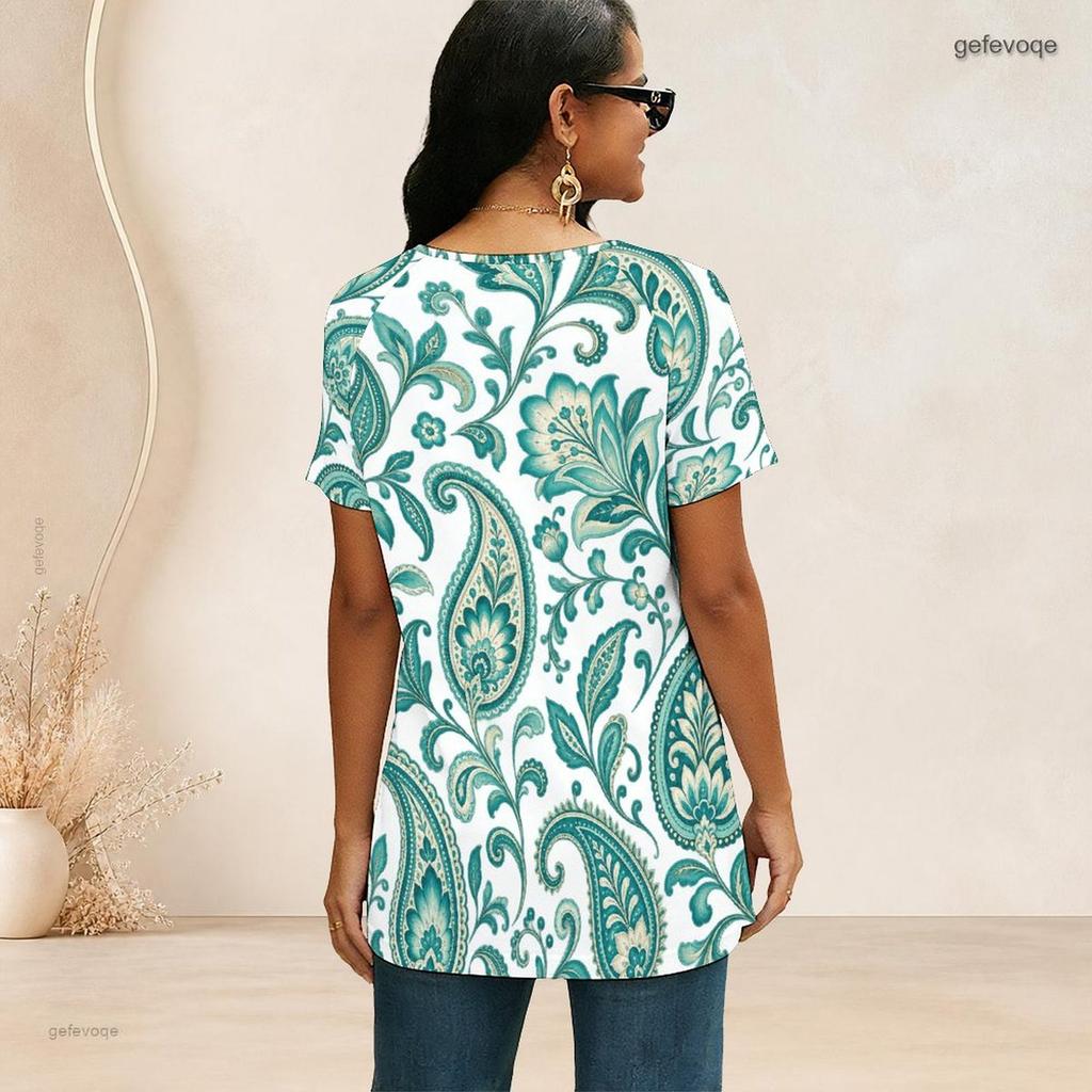 Women Plus Size Ethnic Printed V Neck Ring Zip Short Sleeve Loose Curved Hem Shirt