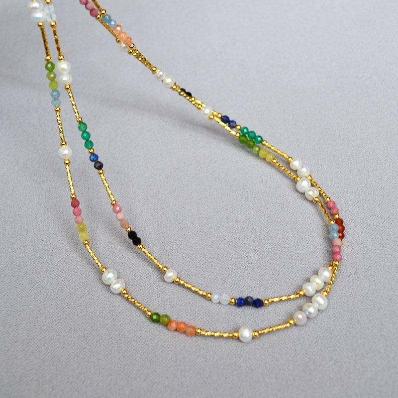 French niche original design retro literary color real stone freshwater baroque pearl beaded necklace collarbone chain