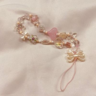 Cute Pink Cherry Blossom Love Bow Beads Mobile Phone Chain Lanyard Keychain Pendant Sweet Charm Girly Bag Hanging Ornaments Gift