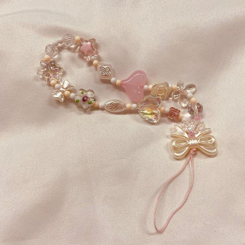 Cute Pink Cherry Blossom Love Bow Beads Mobile Phone Chain Lanyard Keychain Pendant Sweet Charm Girly Bag Hanging Ornaments Gift