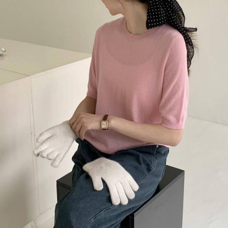 Wool round neck loose pullover knitted bottom women's age-reducing inner short-sleeved sweater