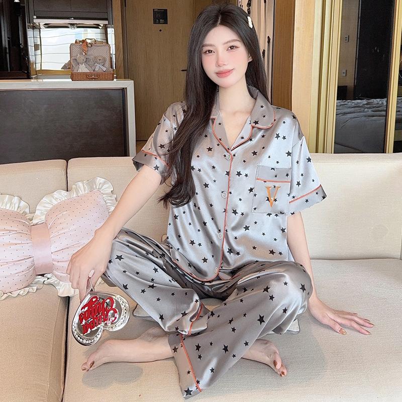 French high-end lace bow jacquard ice silk pajamas women's summer new short-sleeved trousers loungewear