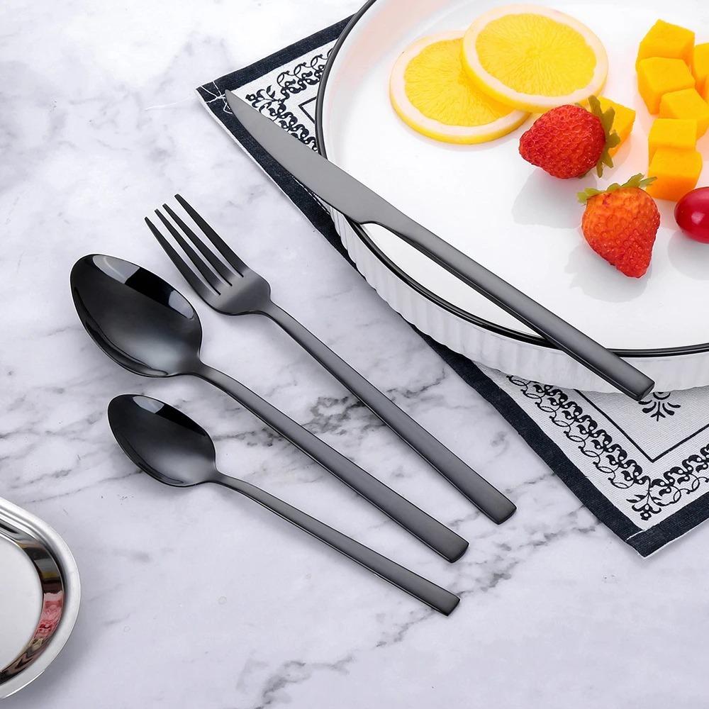 Black Silverware Set Stainless Steel Flatware Western Tableware Mirror Cutlery Knife Fork Spoon Dinnerware Kitchen Utensils