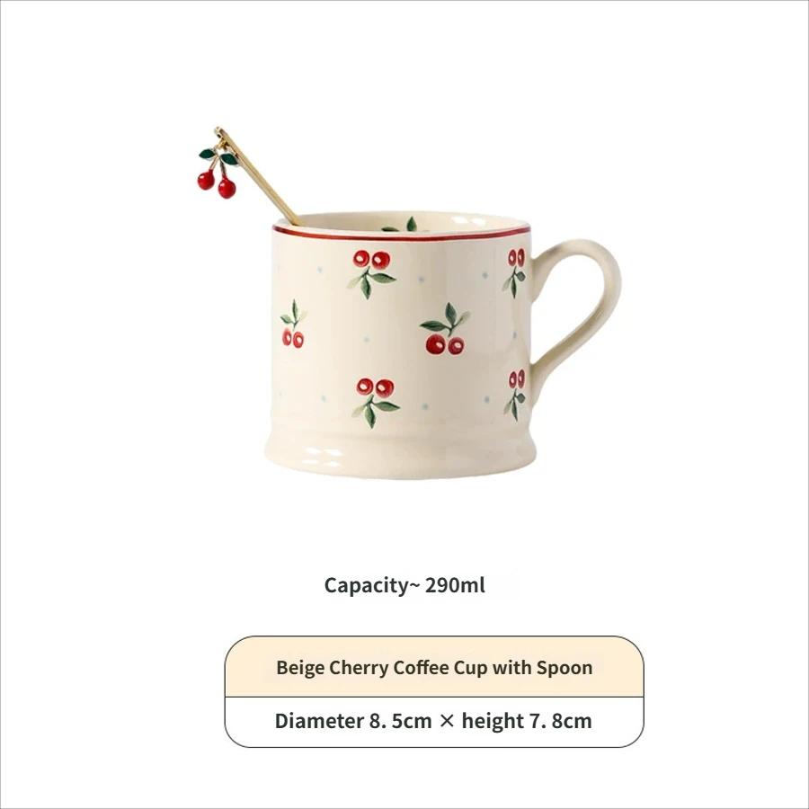 

Cherry Print Ceramic Mug With Matching Spoon 290ml Beige Retro Coffee Tea Cup 1pc червоний
