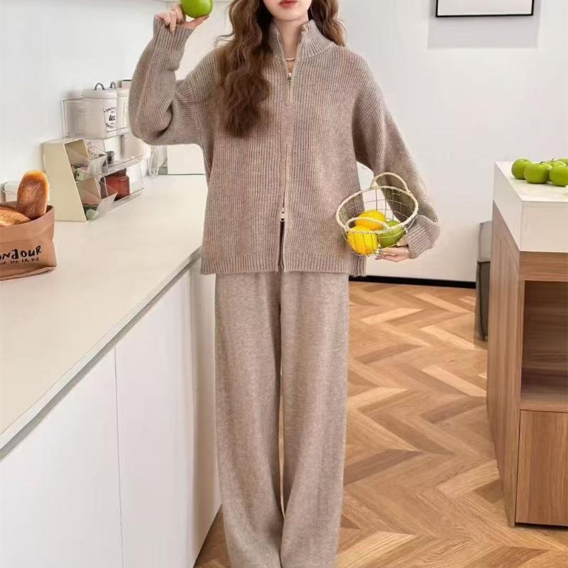 Casual Style Double Zipper Knitted Cardigan Set Women's Autumn and Winter Large Size Loose Sweater Wide-leg Pants Two-piece Set Women