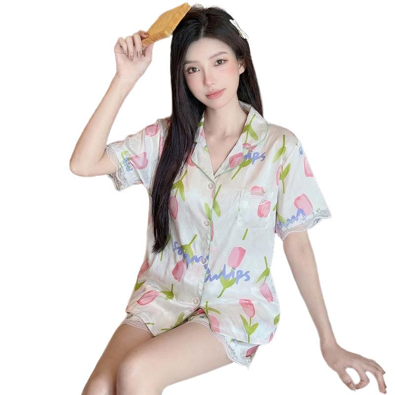 Ice Silk Summer Pajamas Girl Tulip Short-Sleeved Shorts Pure Lust Lace Loungewear Can Be Worn Outside
