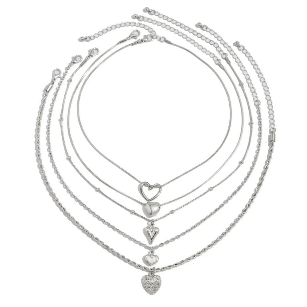 

Vintage Women Necklace Multilayer Metal Chain Choker Jewelry Love Heart Pendant Party серебряный