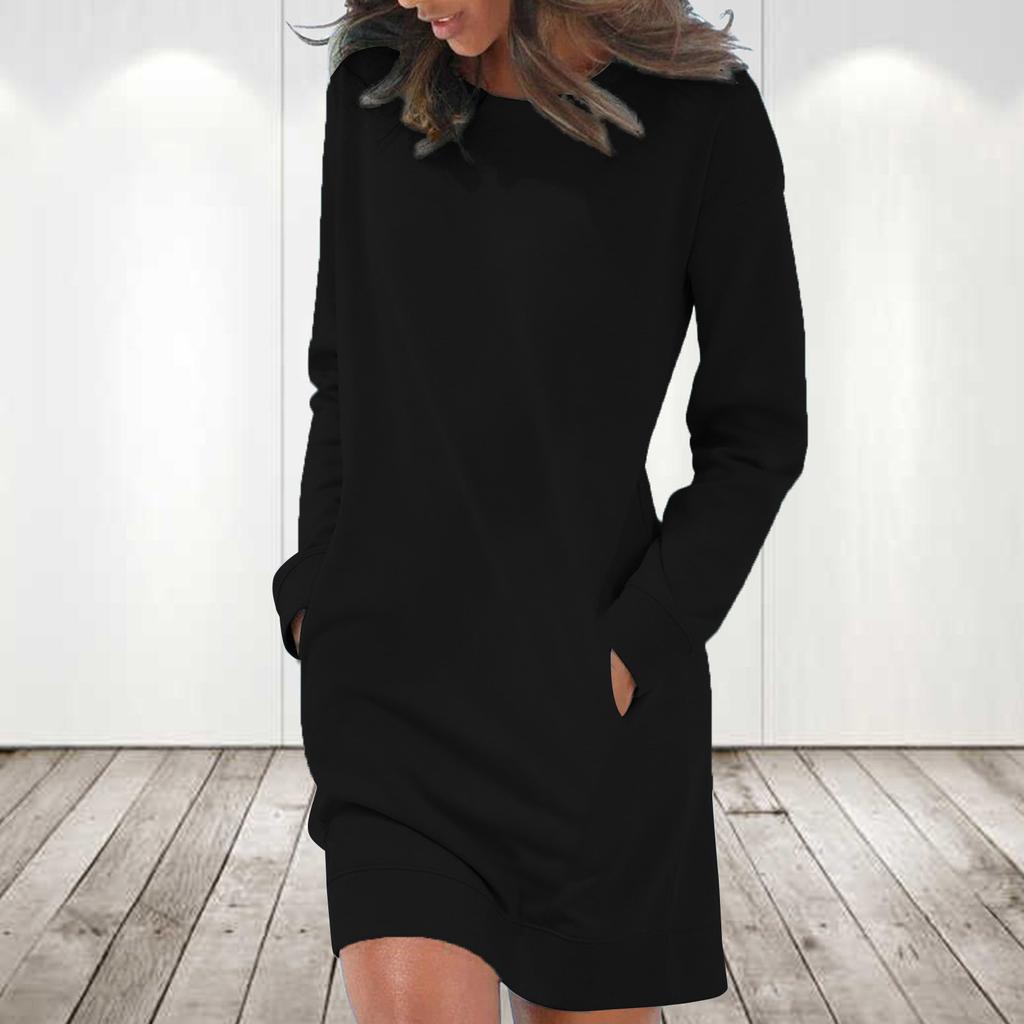 Damen Lässiges Farbe Langarm Rundhals Tasche Kleid