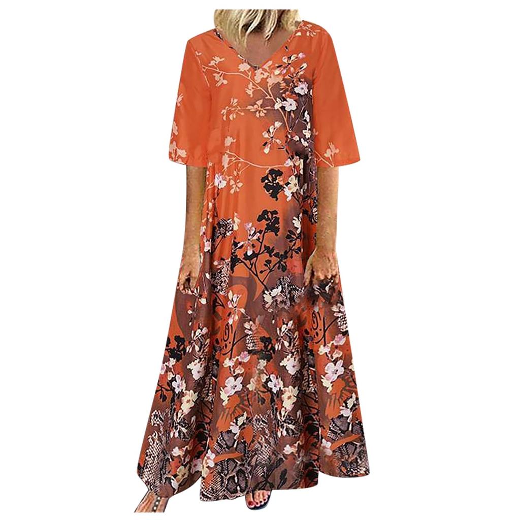 Ladies Casual Printed Long Dress V Neck Mid Waist Pullover Oversized Dress