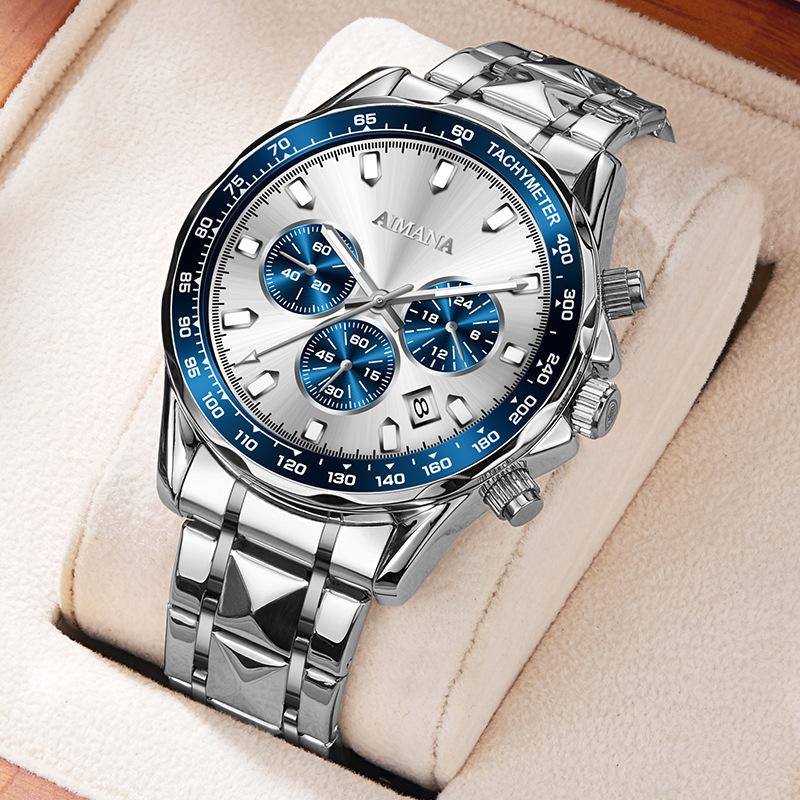 Men's Chronograph Quartz Watch Calendar Waterproof Luminous Stainless Steel Strap Luxury Wrist Watch for Men