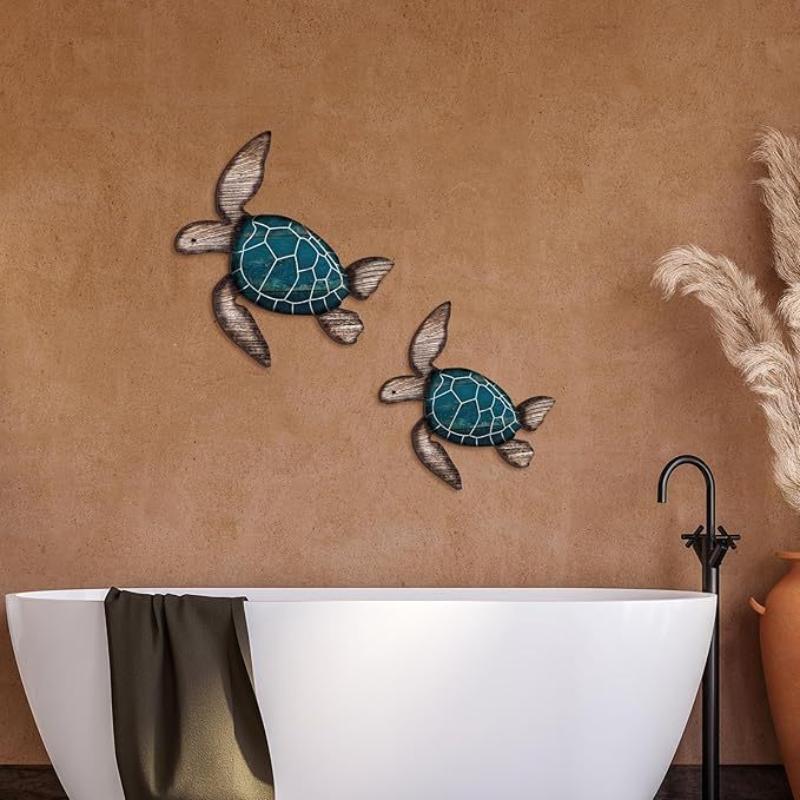 2Pcs/Set Wooden Turtle Wall Hanging Painting Farmhouse Turtle Hanging Decoration Beach Theme Decoration