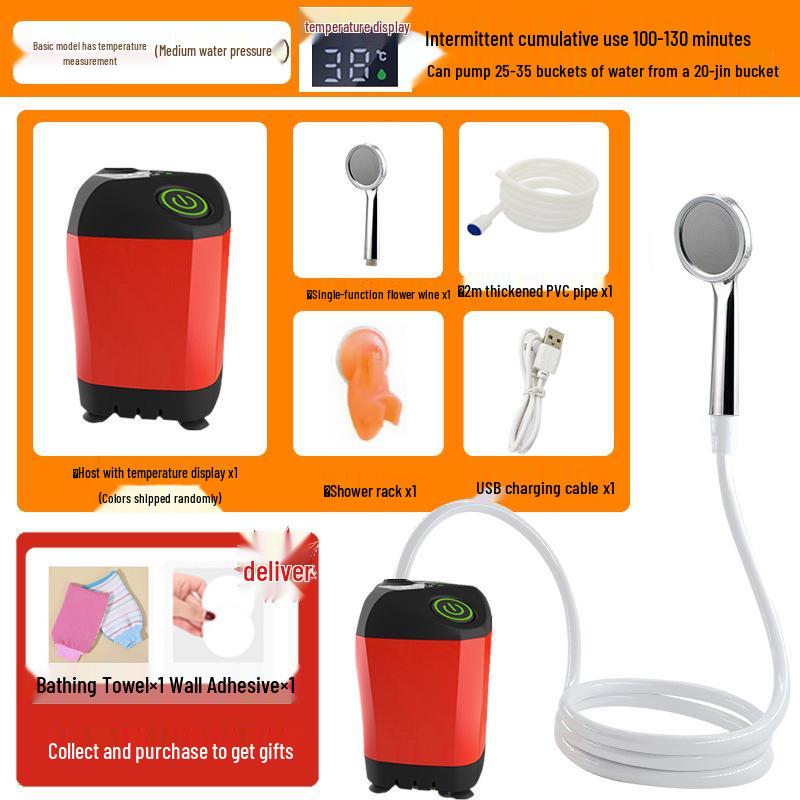 Electric Camping Shower Set with Rechargeable Pump and Water Bag.