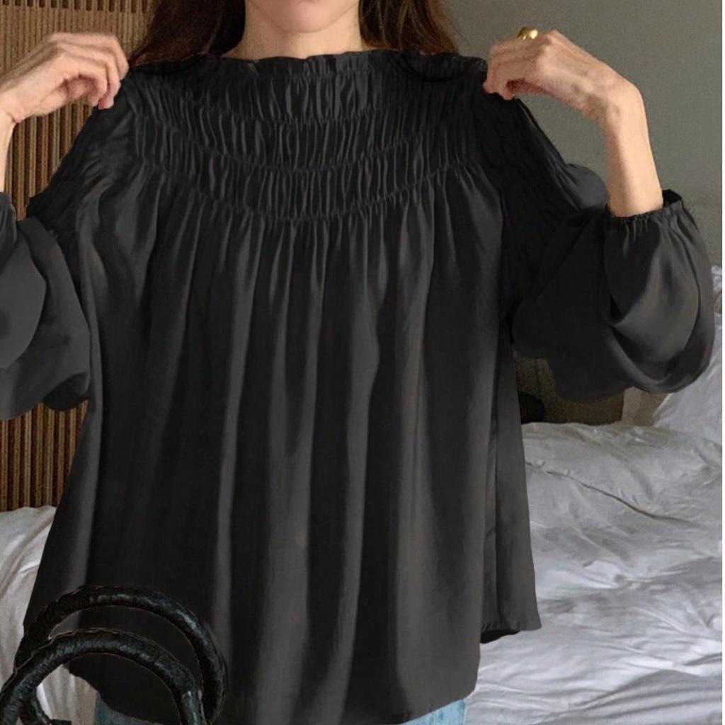 Camicetta da Donna in Chiffon con Pieghe, Maniche a Sbuffo e Scollo Tondo - Stile Giapponese & Coreano, Primavera/Autunno, Design Off-the-Shoulder