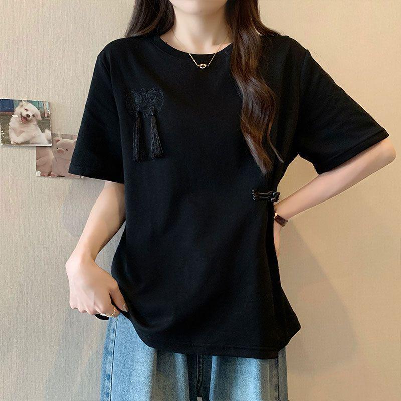 

Women s Plus Size Tassel Frog Button Short Sleeve T-shirt - Chinese Style, Slimming, Versatile, Summer 2025 Top S чёрный