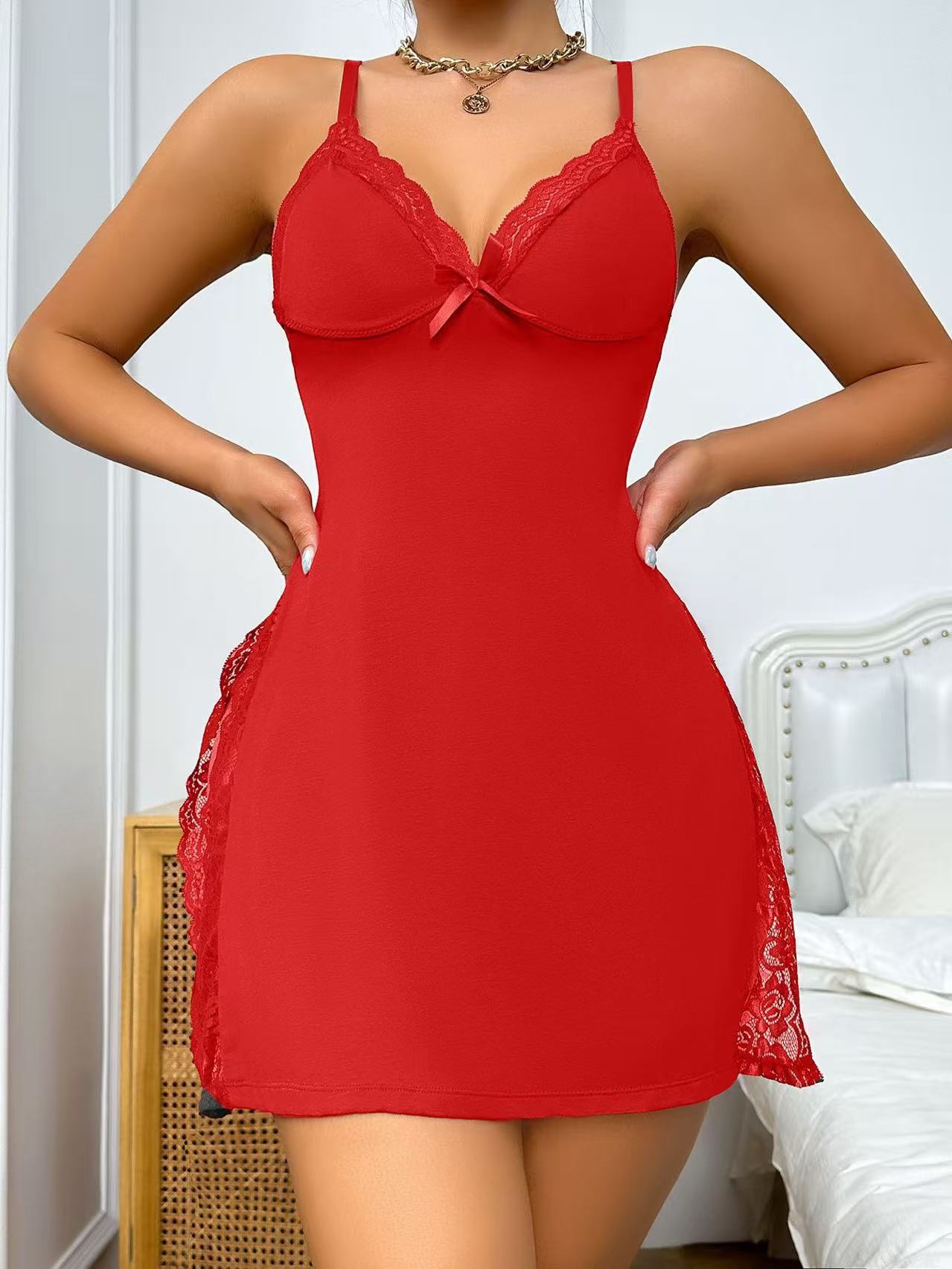 

European and American new sexy lingerie suspender medium and long skirt split pajamas women s temptation mood home clothing XXXL червоний