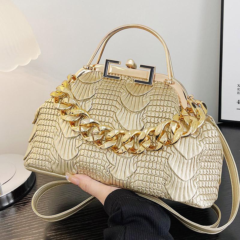 Women's Pleated PU Leather Shoulder Bags  Thick Chain  Messenger Bags  Luxurious Ladies Bags  Night Clutch  Gold  Pink  Green